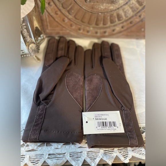 Vintage Isotoner Brown fabric & leather soft lining gloves Womens M/L nwt - Picture 4 of 8